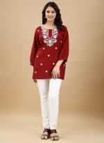 Rayon Maroon Casual Wear Embroidery Work Readymade Kurti